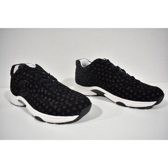 Chanel 22A Mens Black White Suede CC Logo Low Top Lace Up Trainer Sneaker 44 11 - Picture 3 of 12